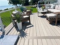 <b>TimberTech Azek Advanced PVC deck boards in the Vintage Collection in the color of Coastline.<br>Deck railing is white Ultralox aluminum railing with horizontal cable rail.</b>