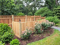 <b>4 foot High Cedar Vertical Board Fence straight top and bottom 1x6 Cedar Fascia Board.  Fence in background is a Cedar Vertical Board Fence w 6x6 Pressure-Treated Posts, Cedar Closed Spindles, Bottom 1x6 Cedar Fascia Boards, and Cedar New England Post Caps.</b>